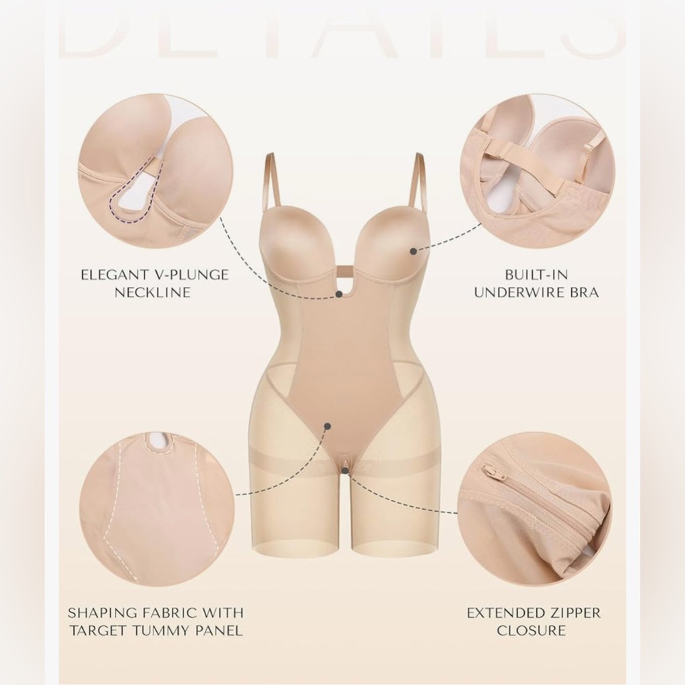 SHAPELLX Shapewear Deep Plunge Corset Tummy Control Backless Bodysuit Beige S - Picture 6 of 10